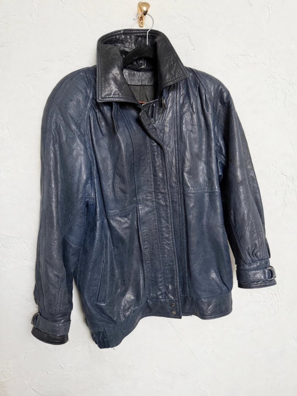 Vintage Hide House Navy Leather Jacket L Oversized Bomber 90s Buckle Cuffs